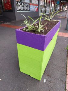 Glen Huntly planter box painted in purple and lime green