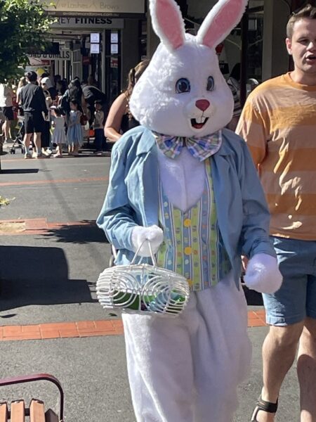 Easter bunny walking the streets of Glen Huntly at Easter event 2025